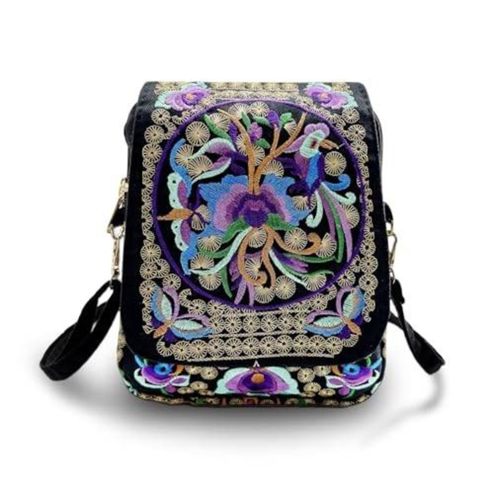 Boho Embroidered Floral Bird Crossbody Bag Black Velvet Ethnic‎ Shoulder Purse